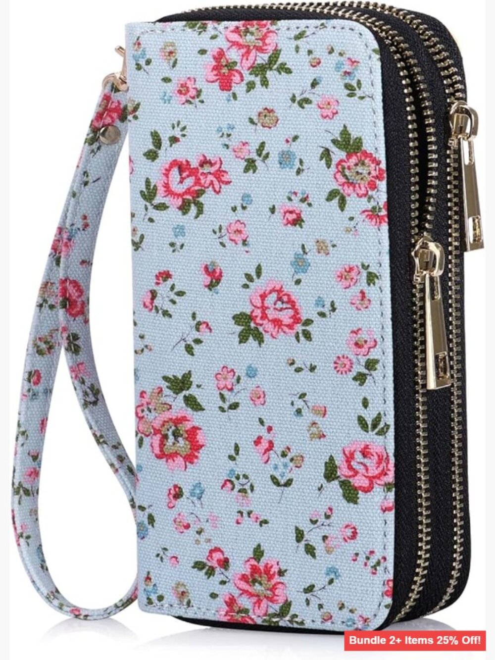 Large Dual Zipper Wallet with Removable Wristlet, Phone Pocket, 5 Card Slots